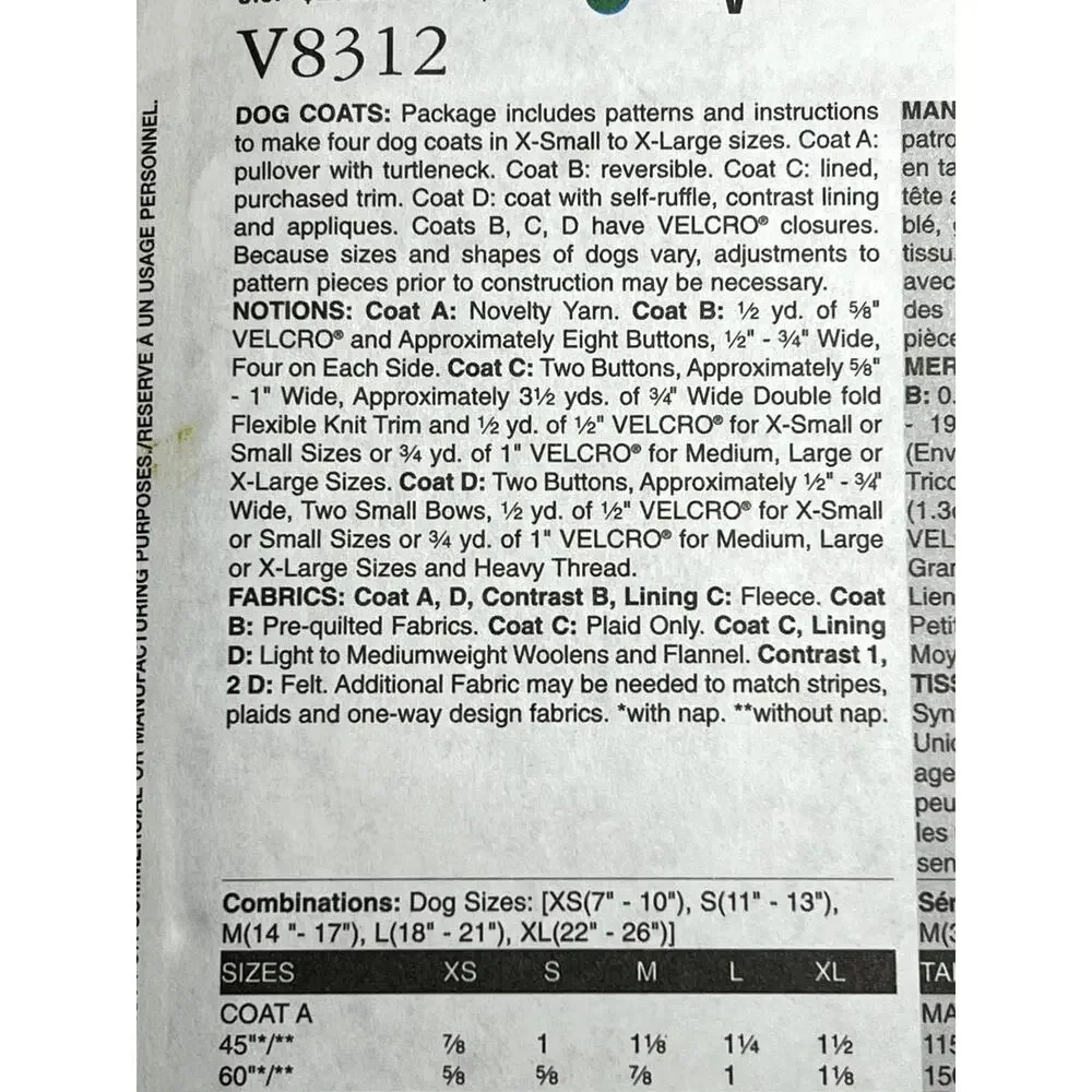 Vogue 8312 dog vest coat pattern